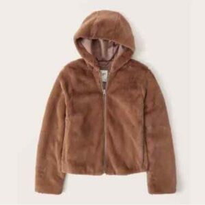 NWT Abercrombie & Fitch Brown Faux Fur Hooded Zip Sweater Soft Satin Lining S